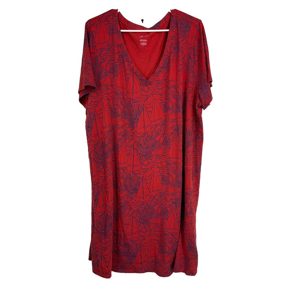 J Jill Sleep Women 3X Ultrasoft Short V Neck Gown Night Dress Red Nautical Beach